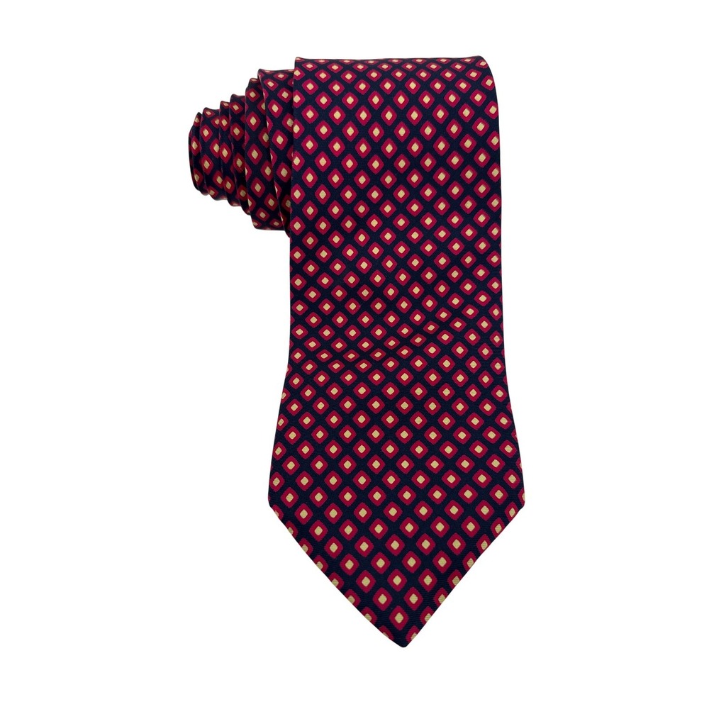 Burberry Silk Tie Navy Red Diamond Pattern Made in England Mens Luxury 56" long